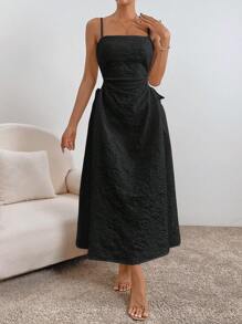SHEIN Privé Solid Drawstring Side Cut Out Cami Dress - Black - View 5