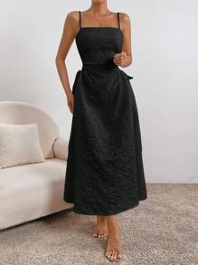 SHEIN Privé Solid Drawstring Side Cut Out Cami Dress - Black - View 6