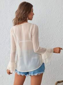 SHEIN VCAY 荷葉邊喇叭袖前打結襯衫不附胸罩