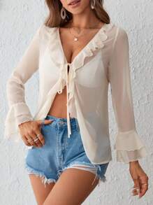 SHEIN VCAY 荷葉邊喇叭袖前打結襯衫不附胸罩