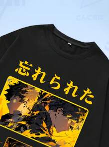 ROMWE MEN Anime Men Figure & Japanese Letter Graphic Tee - Black - View 5