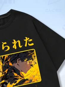 ROMWE MEN Anime Men Figure & Japanese Letter Graphic Tee - Black - View 6