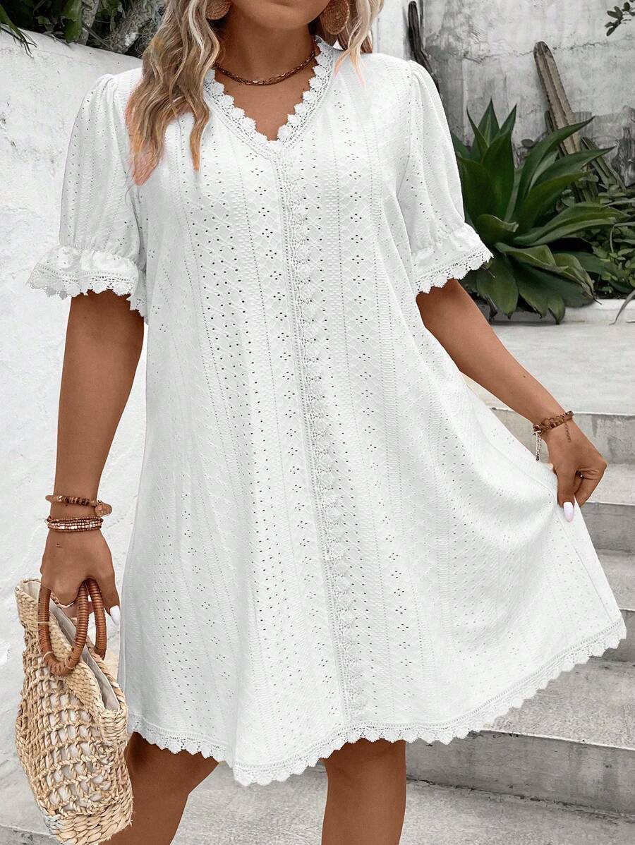 Calvaya Plus Eyelet Embroidery Scallop Trim Flounce Sleeve Dress - White - View 1