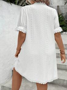 Calvaya Plus Eyelet Embroidery Scallop Trim Flounce Sleeve Dress - White - View 2