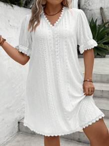 Calvaya Plus Eyelet Embroidery Scallop Trim Flounce Sleeve Dress - White - View 4