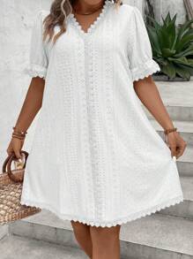 Calvaya Plus Eyelet Embroidery Scallop Trim Flounce Sleeve Dress - White - View 5