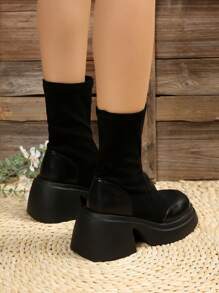 Women's Wedge Heel Sock Booties With Thick Sole To Create A Lean Look - Black - View 2