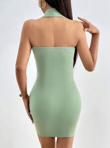 SHEIN Privé 素色褶邊露背吊脖緊身洋裝 - 薄荷綠 - 查看 2