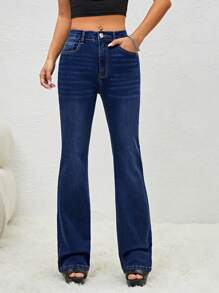 SHEIN Essnce 鈕扣 口袋 拉鍊純色女士牛仔褲 - 深色水洗藍 - 查看 1