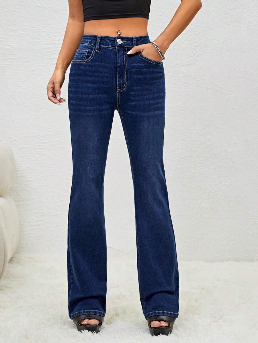 SHEIN Essnce 鈕扣 口袋 拉鍊純色女士牛仔褲 - 深色水洗藍 - 查看 1