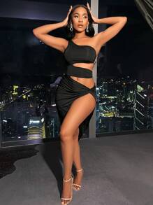 Allurite 單肩鏤空前扭結高衩緊身連衣裙 - 黑色 - 查看 7