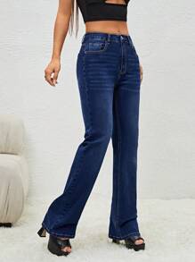 SHEIN Essnce 鈕扣 口袋 拉鍊純色女士牛仔褲 - 深色水洗藍 - 查看 4