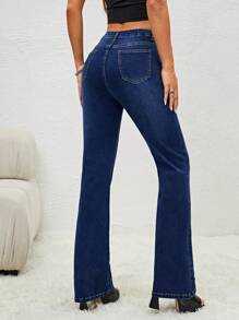 SHEIN Essnce 鈕扣 口袋 拉鍊純色女士牛仔褲 - 深色水洗藍 - 查看 3