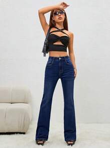 SHEIN Essnce 鈕扣 口袋 拉鍊純色女士牛仔褲 - 深色水洗藍 - 查看 2