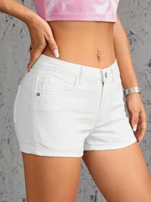 Solid Slant Pocket Denim Shorts - White - View 4