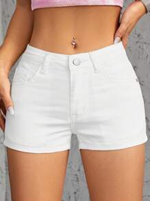 Solid Slant Pocket Denim Shorts - White - View 5