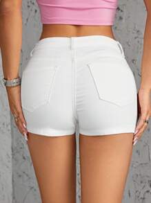 Solid Slant Pocket Denim Shorts - White - View 6