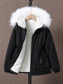SHEIN Tween Girl 1pc Fuzzy Trim Hooded Thermal Lined Buckle Detail Flap Pocket Padded Coat - Black - View 1