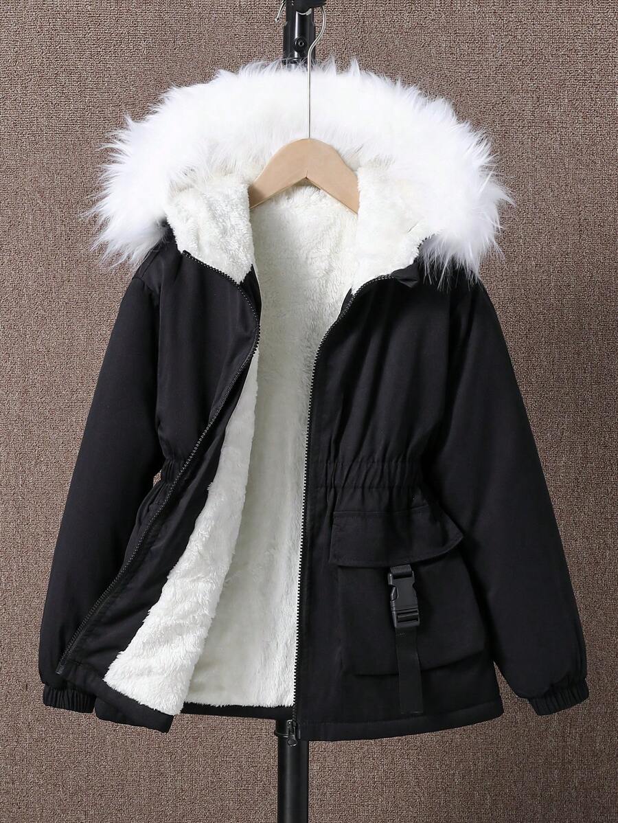 SHEIN Tween Girl 1pc Fuzzy Trim Hooded Thermal Lined Buckle Detail Flap Pocket Padded Coat - Black - View 1