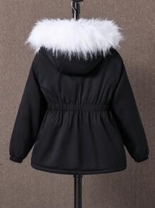 SHEIN Tween Girl 1pc Fuzzy Trim Hooded Thermal Lined Buckle Detail Flap Pocket Padded Coat - Black - View 2