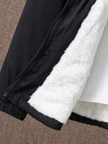SHEIN Tween Girl 1pc Fuzzy Trim Hooded Thermal Lined Buckle Detail Flap Pocket Padded Coat - Black - View 5