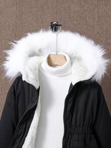 SHEIN Tween Girl 1pc Fuzzy Trim Hooded Thermal Lined Buckle Detail Flap Pocket Padded Coat - Black - View 6