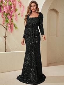 YISIKADO Square Neck Sequin Formal Dress - Black - View 3