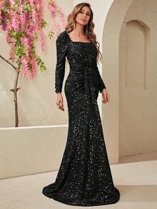YISIKADO Square Neck Sequin Formal Dress - Black - View 5