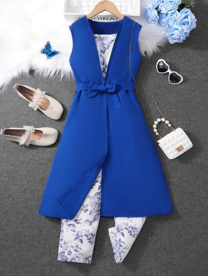 SHEIN Tween Girl Solid Belted Vest Coat & 1pc Jumpsuit