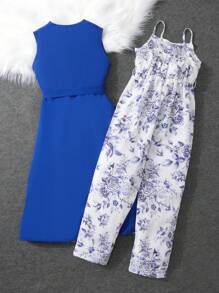 SHEIN Tween Girl Solid Belted Vest Coat & 1pc Jumpsuit - Multicolor - View 2