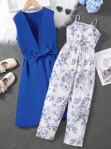 SHEIN Tween Girl Solid Belted Vest Coat & 1pc Jumpsuit - Multicolor - View 4