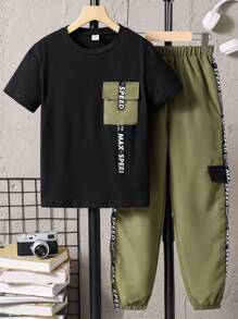 SHEIN Vacaura 男大童字母織帶翻蓋口袋T恤和褲子 - 彩色 - 查看 4