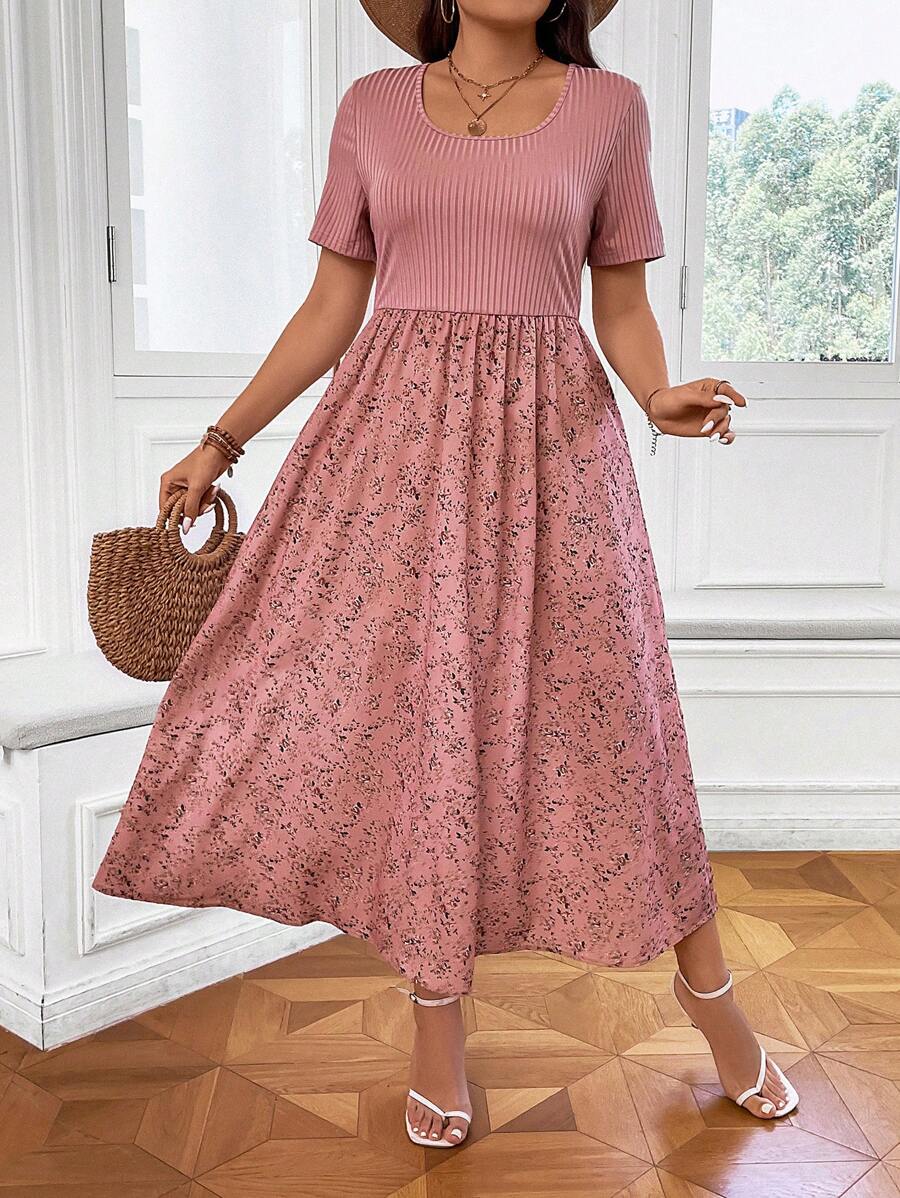 SHEIN Clasi Plus Ditsy Floral Print A-line Dress - Pink - View 1