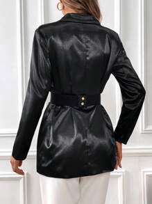 SHEIN Privé Lapel Neck Belted Satin Blazer - Black - View 2