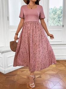 SHEIN Clasi Plus Ditsy Floral Print A-line Dress - Pink - View 3