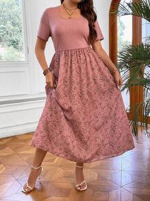 SHEIN Clasi Plus Ditsy Floral Print A-line Dress - Pink - View 5