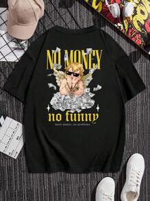 Manfinity VCAY 男士夏季休閒寬鬆款天使和口號圖案T恤 - 黑色 - 查看 2