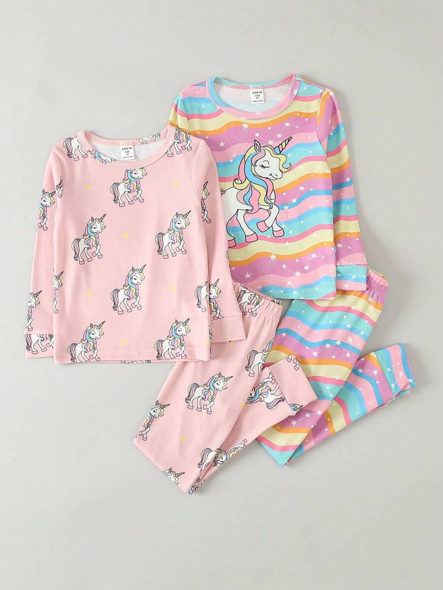 Young Girl Unicorn Print Tee & Pants Snug Fit PJ Set Matching Set - Multicolor - View 1