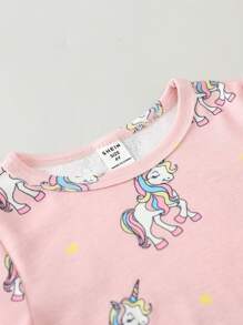Young Girl Unicorn Print Tee & Pants Snug Fit PJ Set Matching Set - Multicolor - View 3
