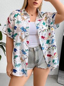 SHEIN EZwear Plus Dinosaur Print Shirt For Summer - Multicolor - View 1