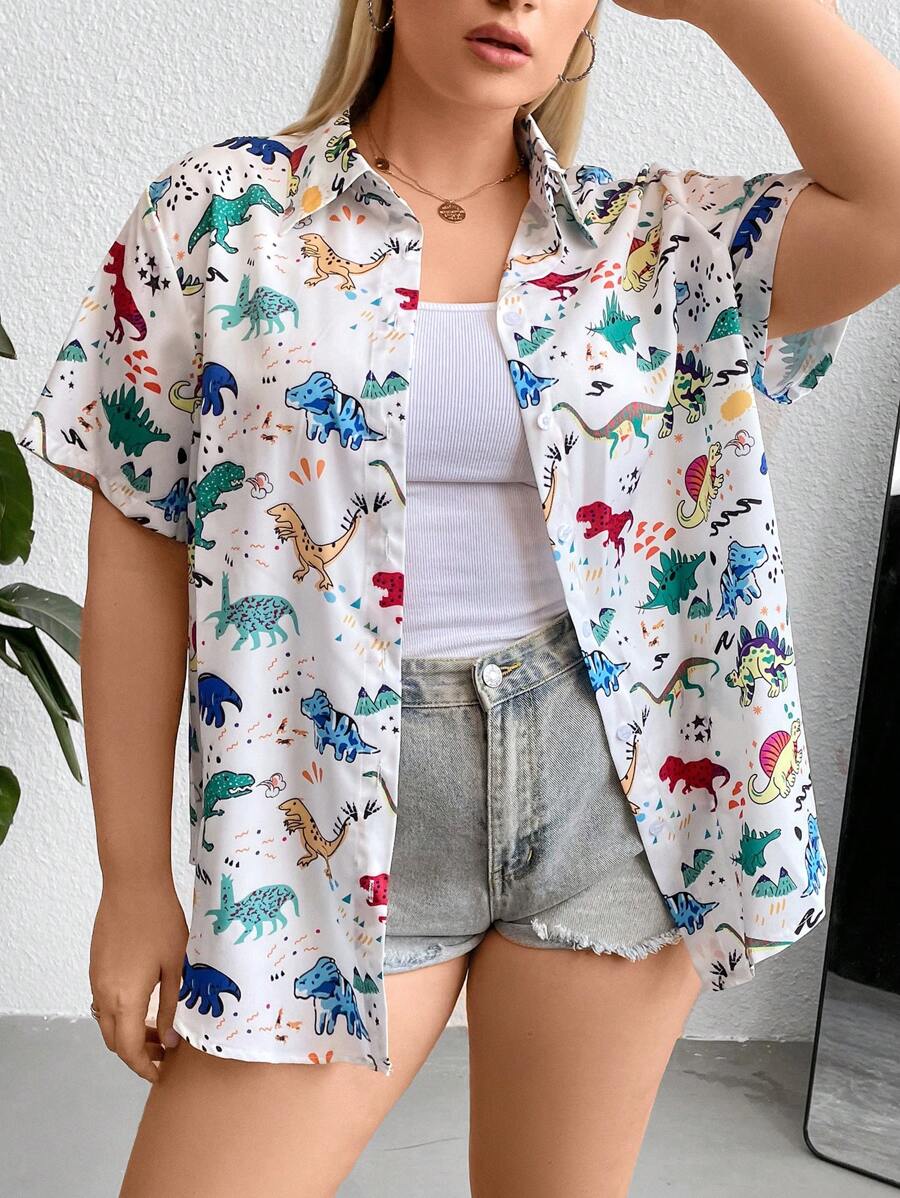 SHEIN EZwear Plus Dinosaur Print Shirt For Summer - Multicolor - View 1