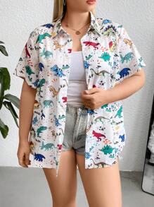 SHEIN EZwear Plus Dinosaur Print Shirt For Summer - Multicolor - View 4