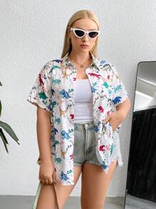 SHEIN EZwear Plus Dinosaur Print Shirt For Summer - Multicolor - View 5