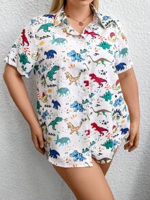 SHEIN EZwear Plus Dinosaur Print Shirt For Summer - Multicolor - View 8