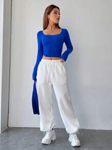 SHEIN EZwear Scoop Neck Seam Detail Crop Tee - Royal Blue - View 5