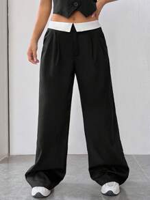SHEIN EZwear Contrast Trim Wide Leg Suit Pants - Black - View 1