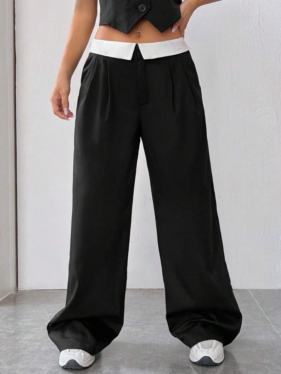 SHEIN EZwear Contrast Trim Wide Leg Suit Pants - Black - View 1