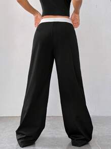 SHEIN EZwear Contrast Trim Wide Leg Suit Pants - Black - View 3