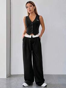 SHEIN EZwear Contrast Trim Wide Leg Suit Pants - Black - View 5