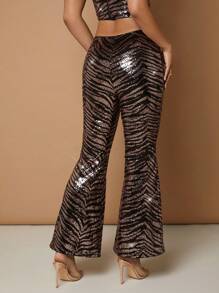 SHEIN BAE Christmas Zebra Striped Sequin Flare Leg Pants - Multicolor - View 2